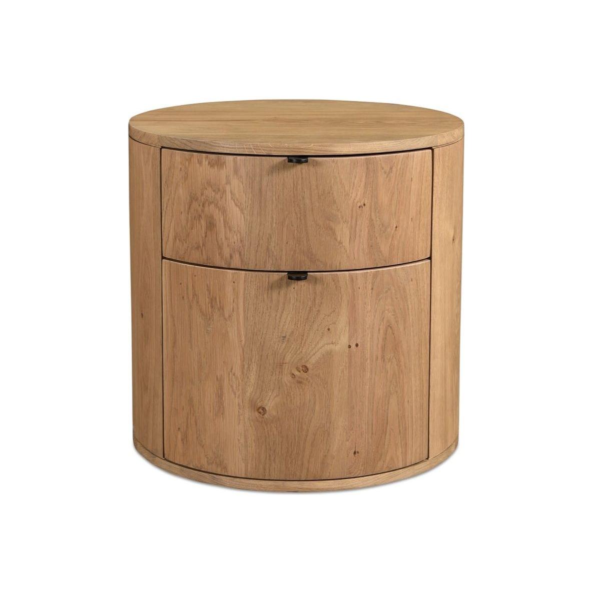 Table de chevet minimaliste en chêne massif courbé à 2 tiroirs avec glissières à fermeture douce et poignée métallique pour chambre à coucher