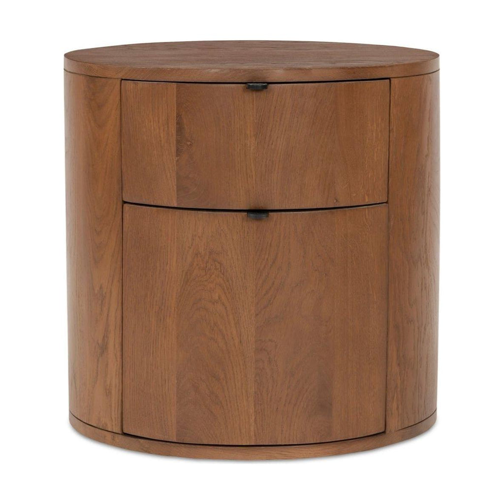 Table de chevet minimaliste en chêne massif courbé à 2 tiroirs avec glissières à fermeture douce et poignée métallique pour chambre à coucher