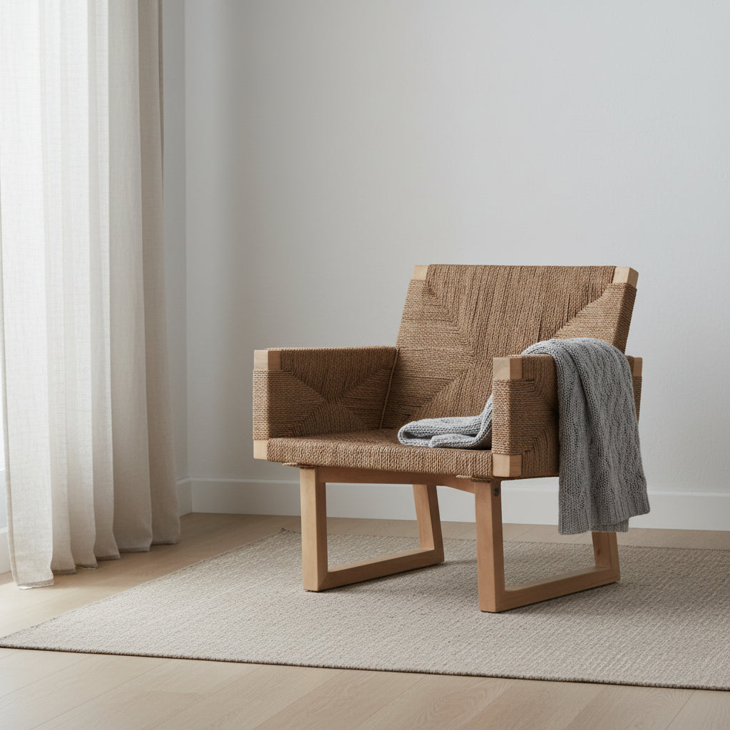 Chaise longue rustique en corde d'herbes marines et bois de hêtre avec texture tressée naturelle pour salon ou patio