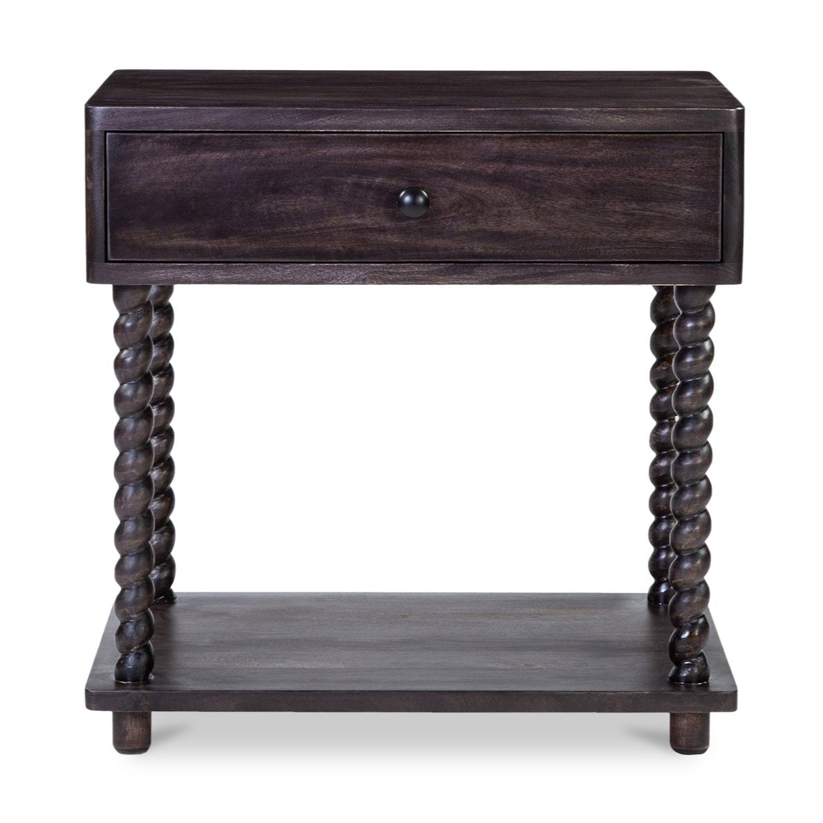 Table de chevet traditionnelle en bois de manguier brun foncé avec pieds tournés et étagère inférieure pour chambre à coucher