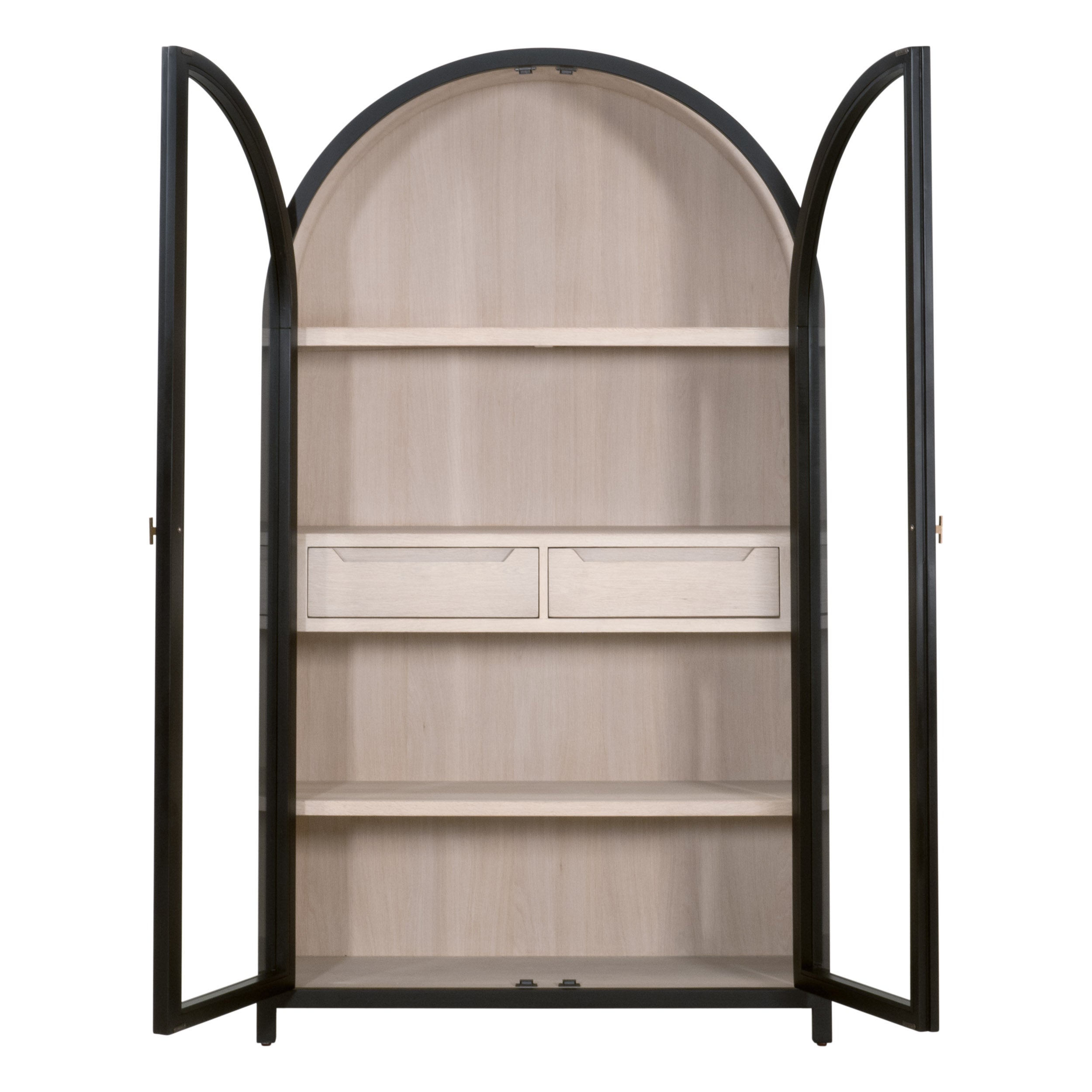 Vitrine de salon de style transitionnel en bouleau noir et verre trempé, avec cadre arqué et poignées dorées
