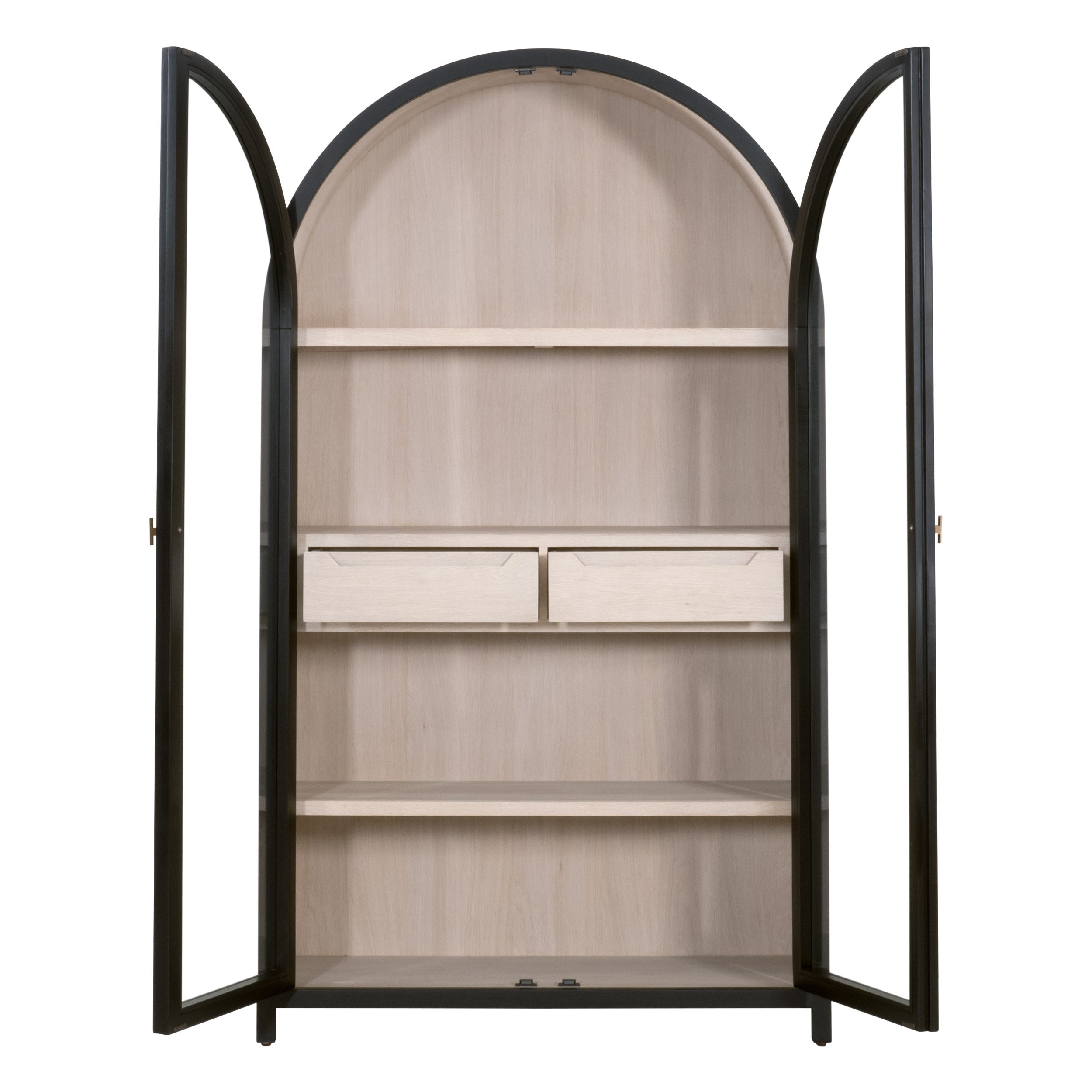 Vitrine de salon de style transitionnel en bouleau noir et verre trempé, avec cadre arqué et poignées dorées