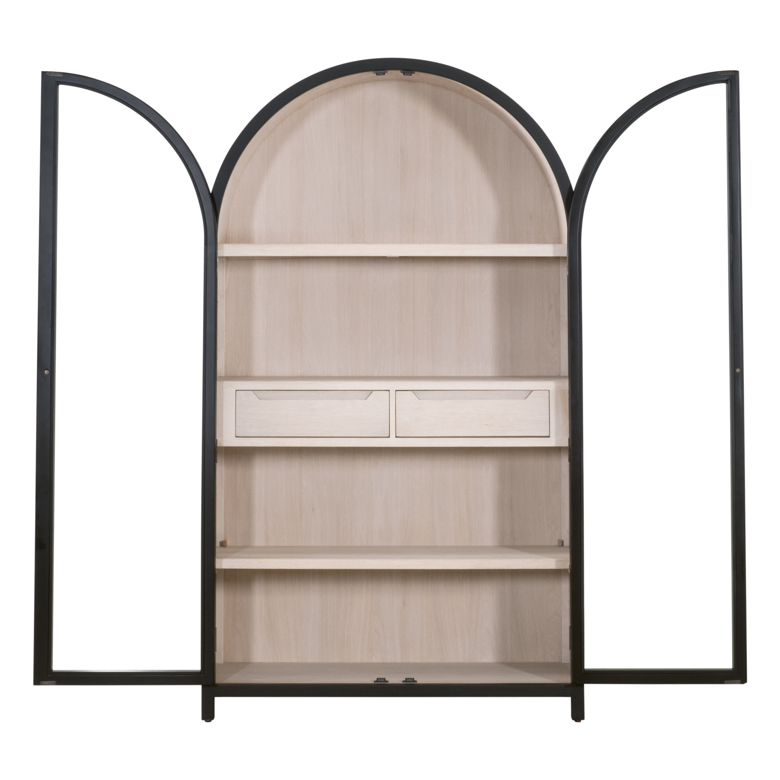 Vitrine de salon de style transitionnel en bouleau noir et verre trempé, avec cadre arqué et poignées dorées