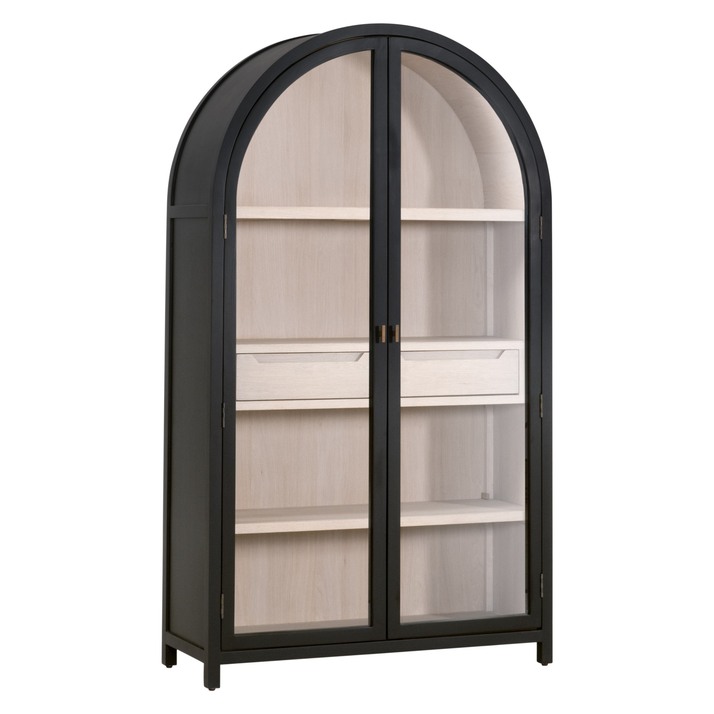 Vitrine de salon de style transitionnel en bouleau noir et verre trempé, avec cadre arqué et poignées dorées