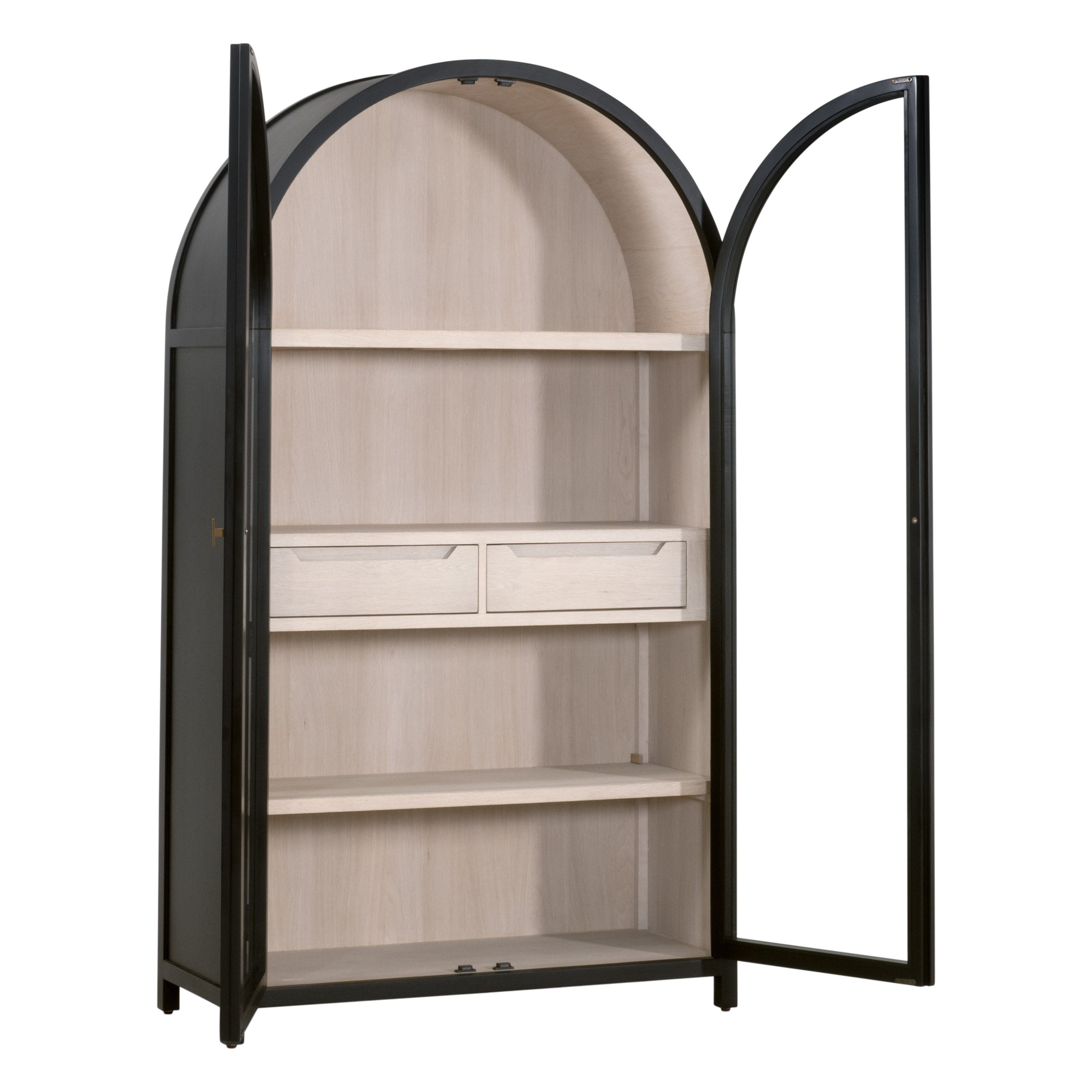 Vitrine de salon de style transitionnel en bouleau noir et verre trempé, avec cadre arqué et poignées dorées