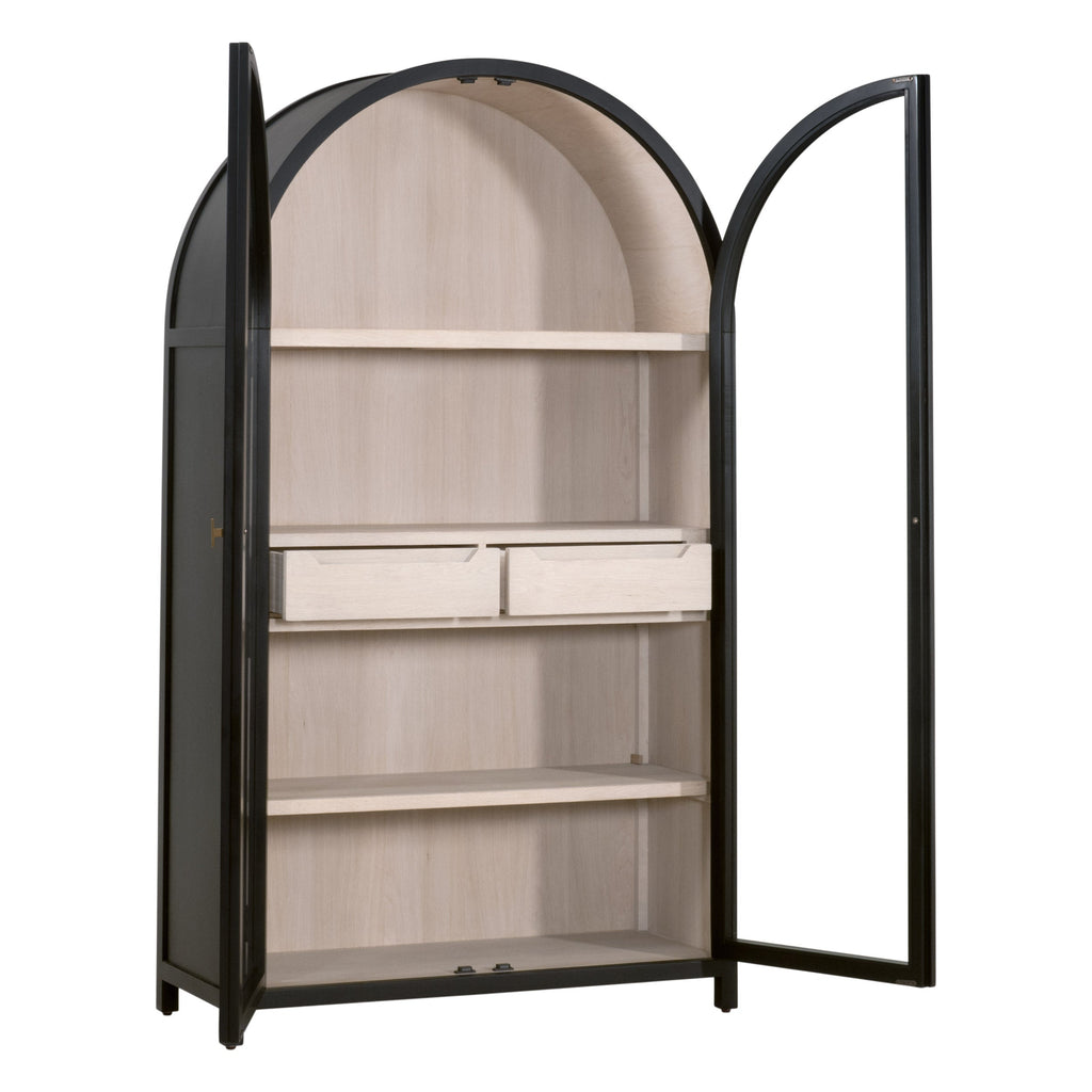 Vitrine de salon de style transitionnel en bouleau noir et verre trempé, avec cadre arqué et poignées dorées
