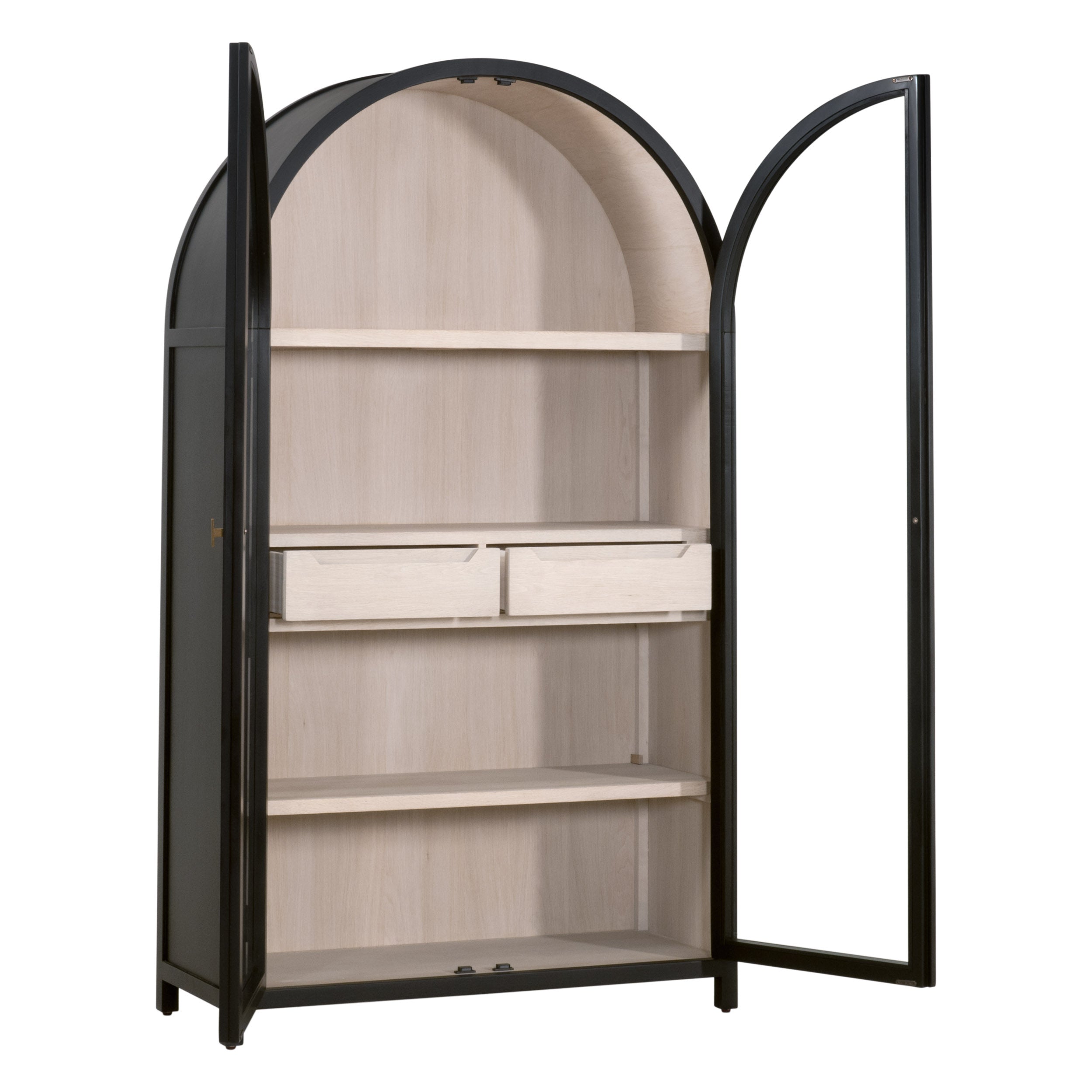 Vitrine de salon de style transitionnel en bouleau noir et verre trempé, avec cadre arqué et poignées dorées