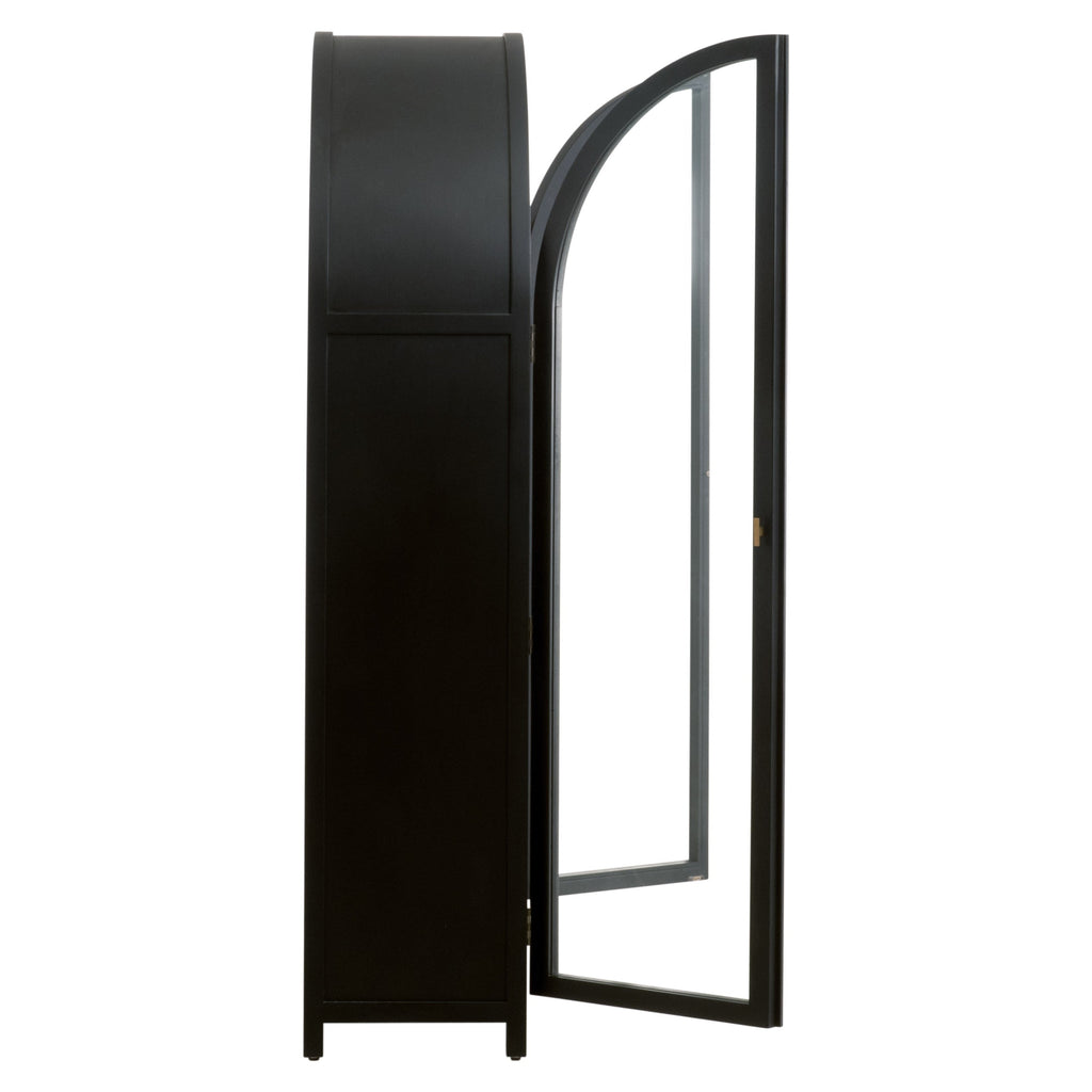 Vitrine de salon de style transitionnel en bouleau noir et verre trempé, avec cadre arqué et poignées dorées