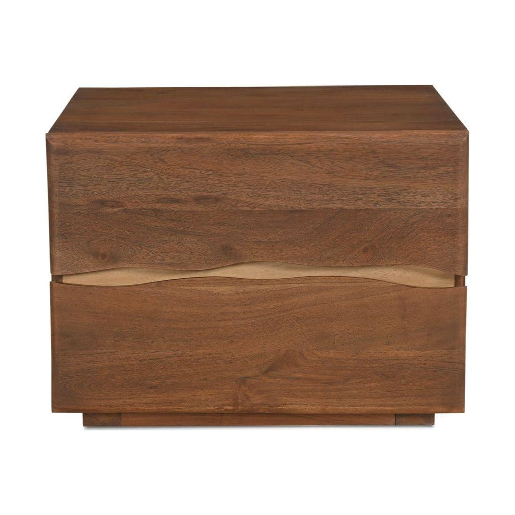 Table de chevet en acacia massif naturel et finition noyer avec détails de bords bruts et deux tiroirs pour chambre à coucher