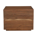 Table de chevet en acacia massif naturel et finition noyer avec détails de bords bruts et deux tiroirs pour chambre à coucher