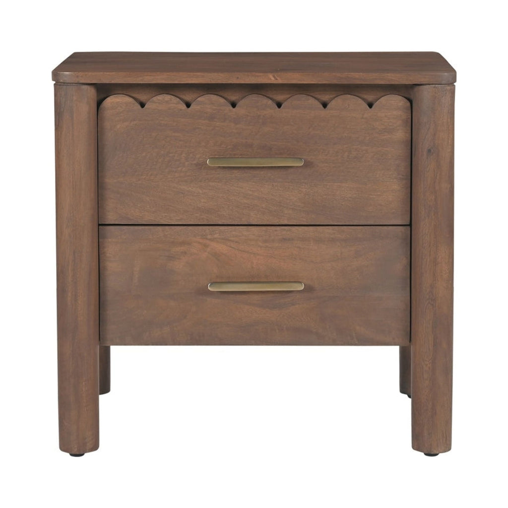 Table de chevet Shaker en bois de manguier avec bord festonné et poignées en laiton massif pour chambre à coucher