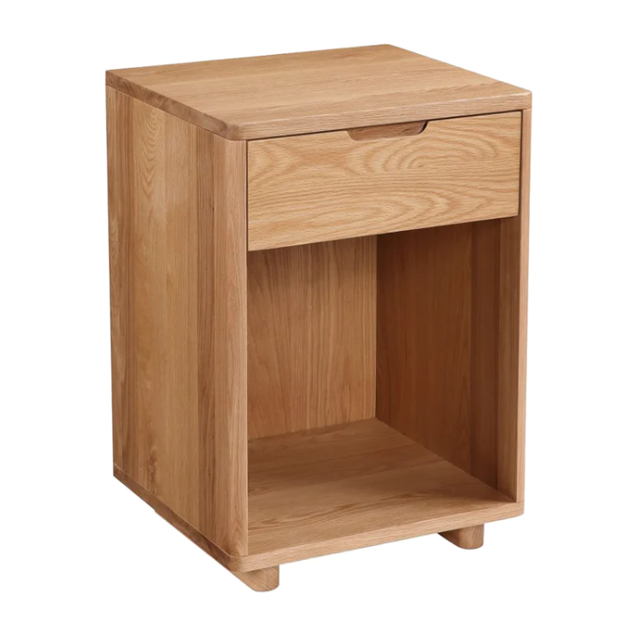 Table de chevet minimaliste en chêne massif avec poignée découpée et zone d'affichage ouverte pour chambre à coucher