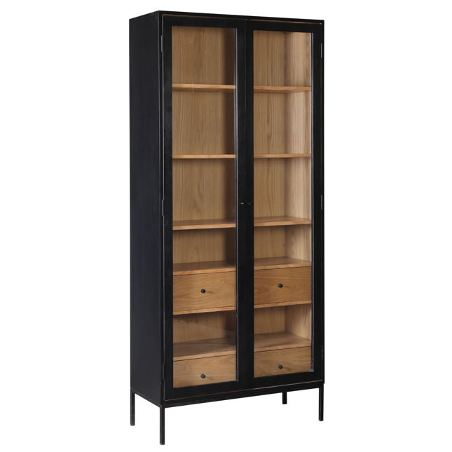 Bahut / Meuble de rangement moderne en placage de chêne et métal avec de grandes portes vitrées pour le salon ou le bureau