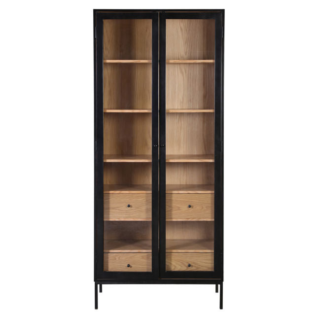 Bahut / Meuble de rangement moderne en placage de chêne et métal avec de grandes portes vitrées pour le salon ou le bureau