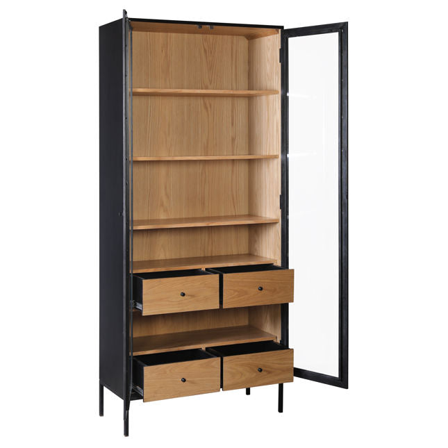 Bahut / Meuble de rangement moderne en placage de chêne et métal avec de grandes portes vitrées pour le salon ou le bureau