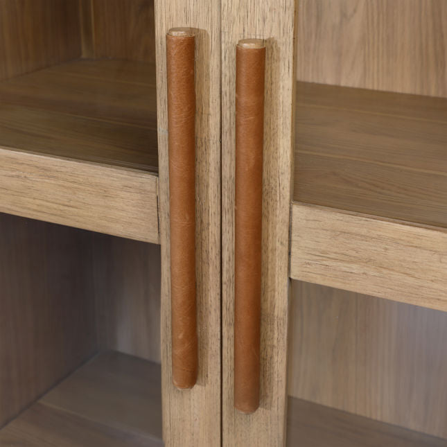 Meuble de salon en bois d'hévéa naturel, placage de chêne et verre avec vitrine ouverte