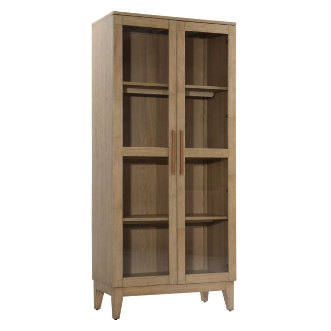 Meuble de salon en bois d'hévéa naturel, placage de chêne et verre avec vitrine ouverte
