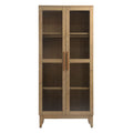 Meuble de salon en bois d'hévéa naturel, placage de chêne et verre avec vitrine ouverte