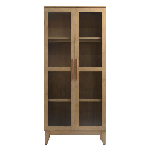 Meuble de salon en bois d'hévéa naturel, placage de chêne et verre avec vitrine ouverte