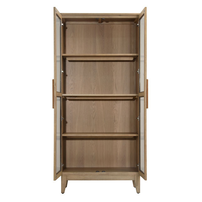 Meuble de salon en bois d'hévéa naturel, placage de chêne et verre avec vitrine ouverte