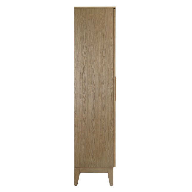 Meuble de salon en bois d'hévéa naturel, placage de chêne et verre avec vitrine ouverte