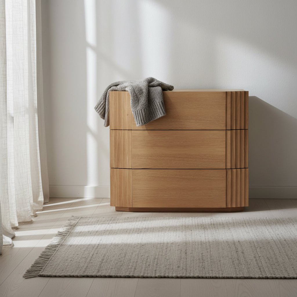 Table de chevet minimaliste en hévéa et placage de chêne avec tiroir unique et pieds effilés pour chambre à coucher