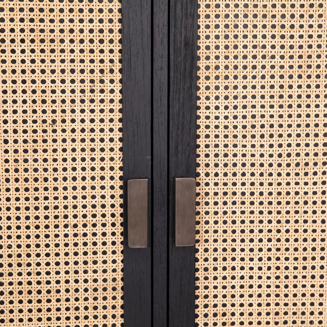 Meuble Boho en bois exotique et rotin avec cadre bicolore noir antique pour salon ou chambre à coucher