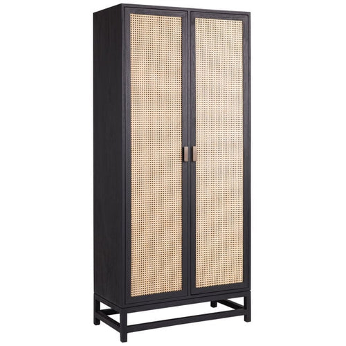 Meuble Boho en bois exotique et rotin avec cadre bicolore noir antique pour salon ou chambre à coucher