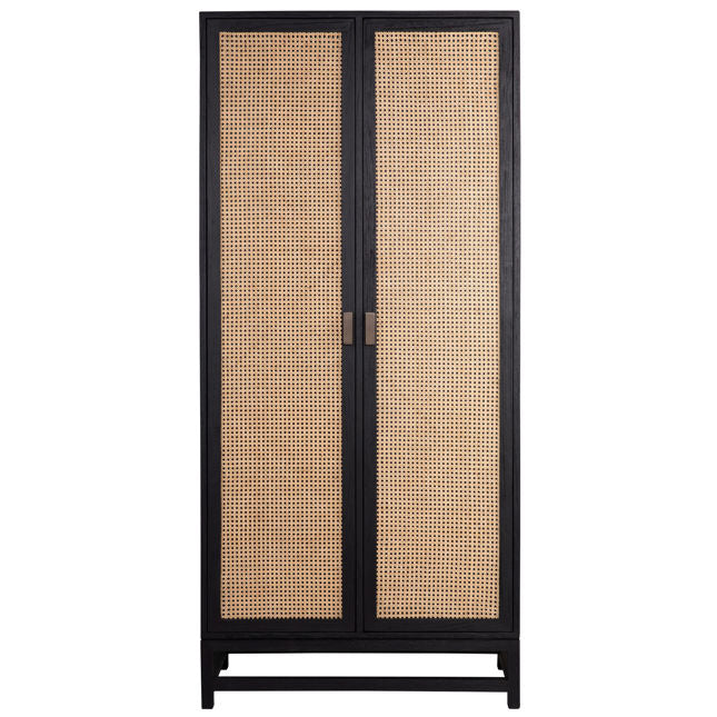 Meuble Boho en bois exotique et rotin avec cadre bicolore noir antique pour salon ou chambre à coucher