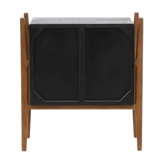 Table de chevet Artisan en bois de mindi et de teck avec deux tiroirs et finition noire naturelle pour chambre à coucher