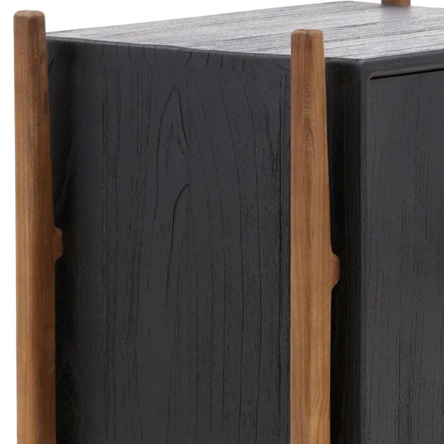 Table de chevet Artisan en bois de mindi et de teck avec deux tiroirs et finition noire naturelle pour chambre à coucher