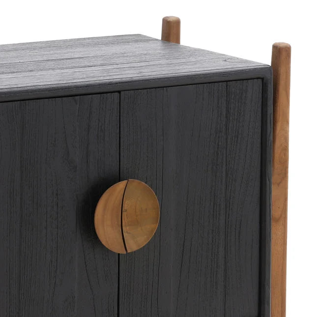 Table de chevet Artisan en bois de mindi et de teck avec deux tiroirs et finition noire naturelle pour chambre à coucher