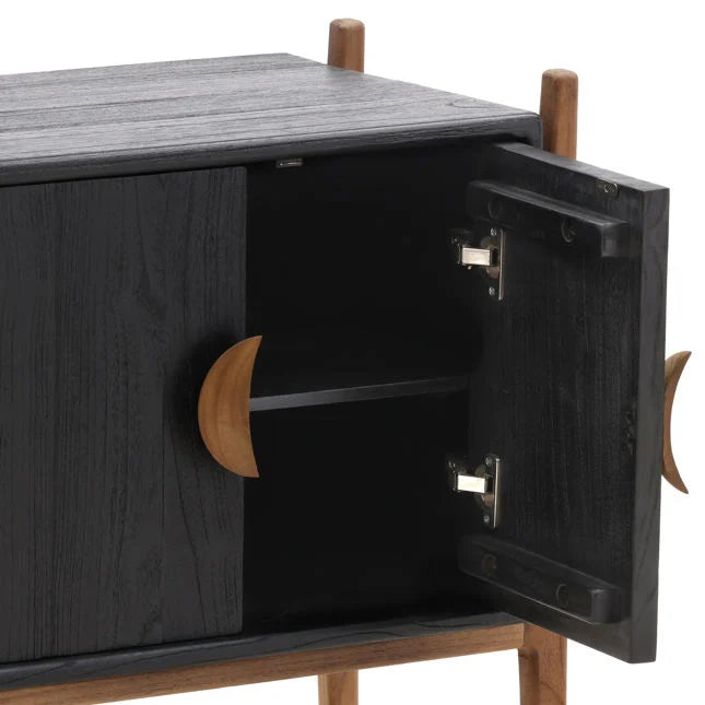 Table de chevet Artisan en bois de mindi et de teck avec deux tiroirs et finition noire naturelle pour chambre à coucher