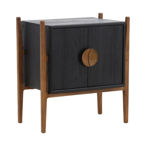 Table de chevet Artisan en bois de mindi et de teck avec deux tiroirs et finition noire naturelle pour chambre à coucher