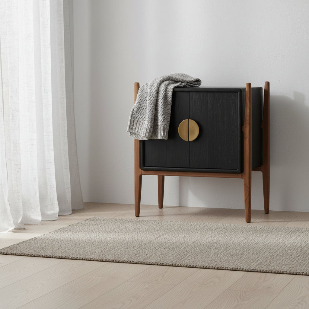Table de chevet Artisan en bois de mindi et de teck avec deux tiroirs et finition noire naturelle pour chambre à coucher