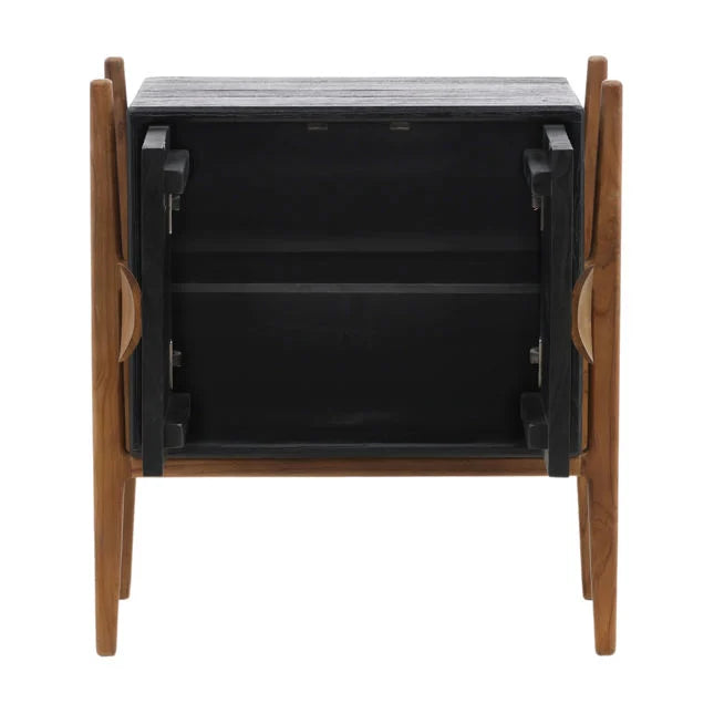 Table de chevet Artisan en bois de mindi et de teck avec deux tiroirs et finition noire naturelle pour chambre à coucher
