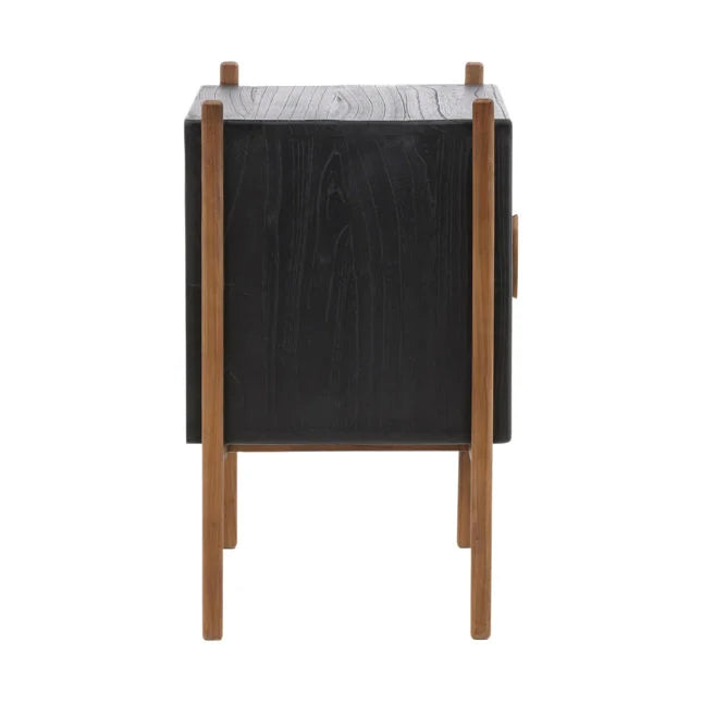 Table de chevet Artisan en bois de mindi et de teck avec deux tiroirs et finition noire naturelle pour chambre à coucher