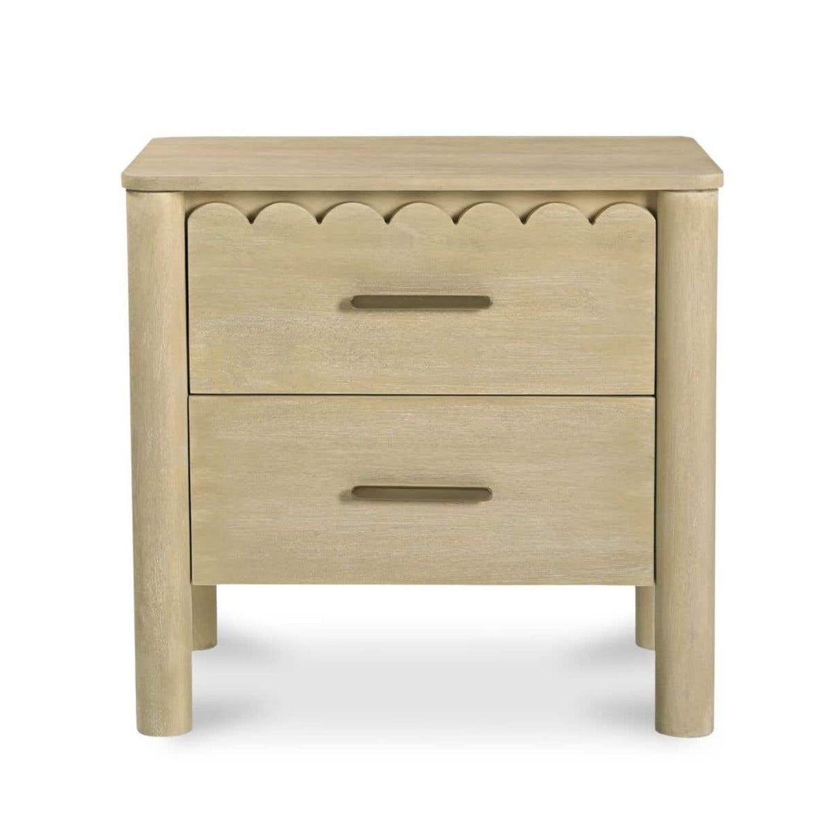 Table de chevet Shaker en bois de manguier avec bord festonné et poignées en laiton massif pour chambre à coucher