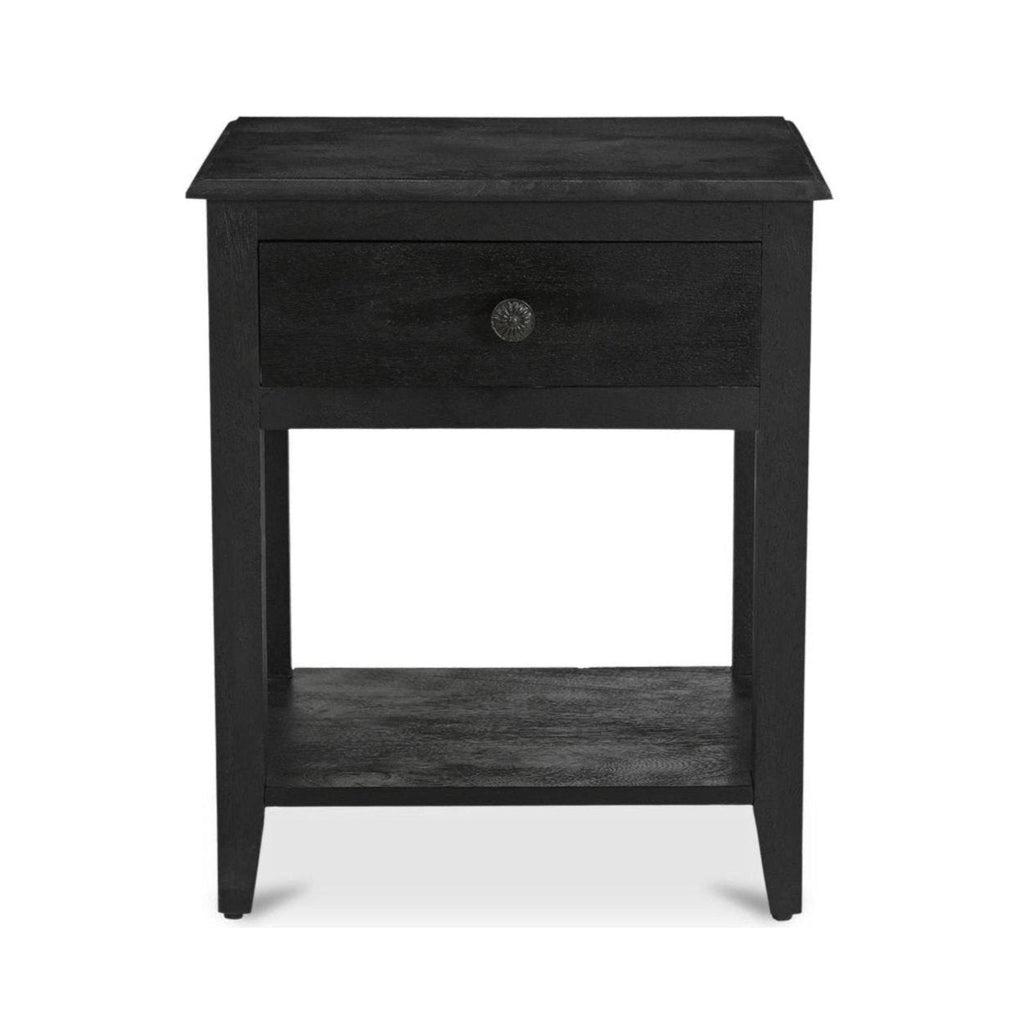 Table de chevet vintage en manguier massif avec poignée fleurie et deux tiroirs pour chambre à coucher