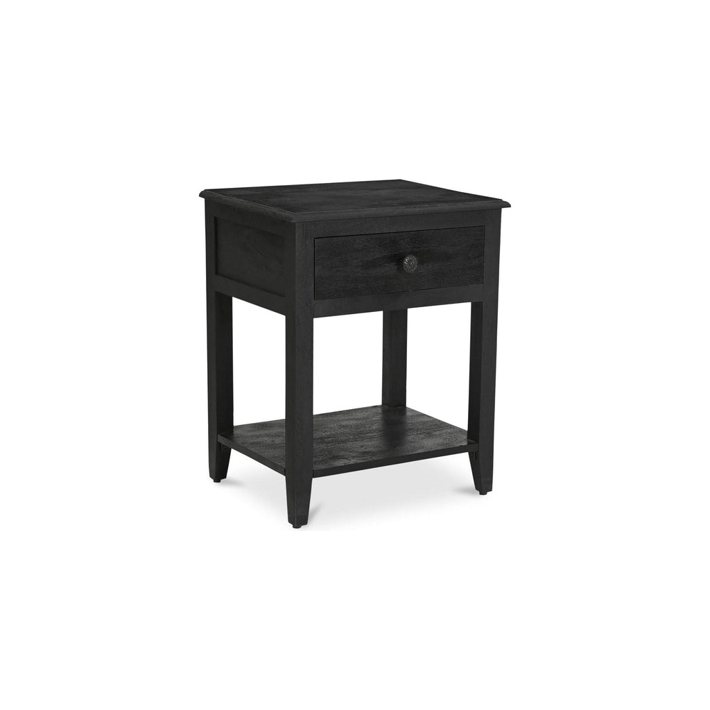 Table de chevet vintage en manguier massif avec poignée fleurie et deux tiroirs pour chambre à coucher
