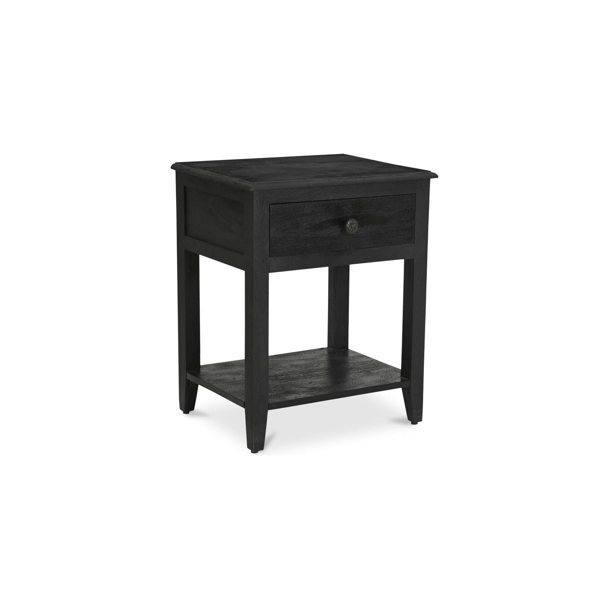 Table de chevet vintage en manguier massif avec poignée fleurie et deux tiroirs pour chambre à coucher