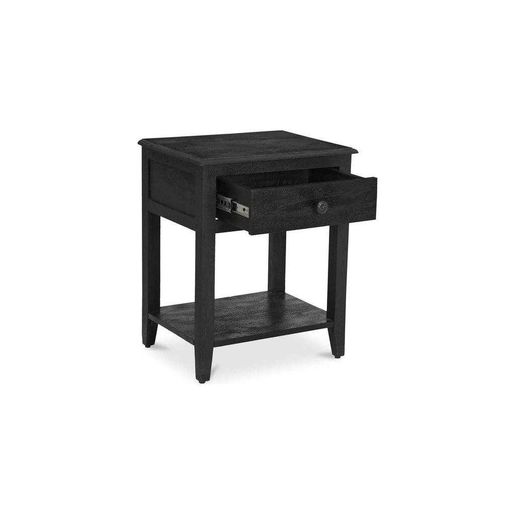 Table de chevet vintage en manguier massif avec poignée fleurie et deux tiroirs pour chambre à coucher