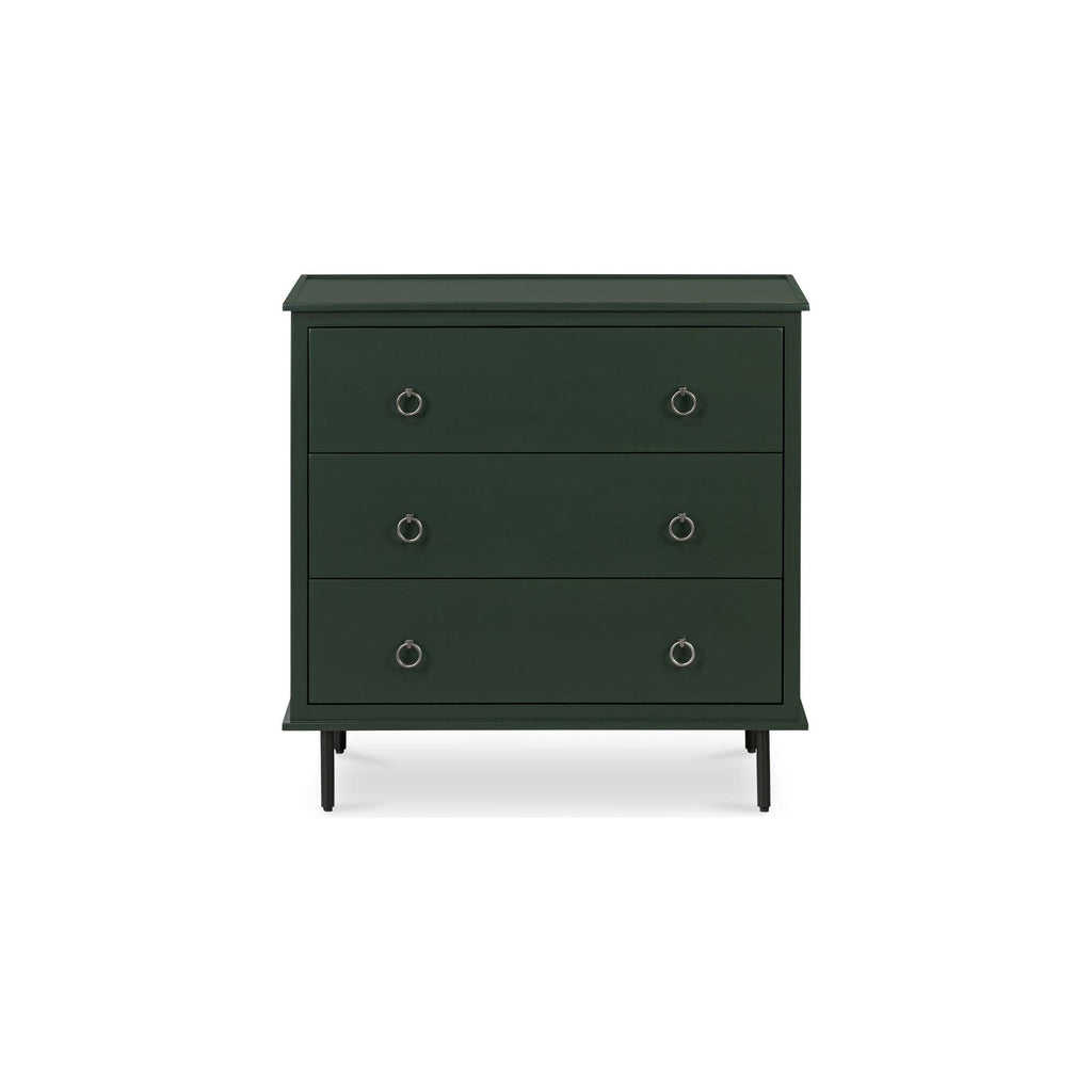Table de chevet industrielle en MDF et acacia à 3 tiroirs avec pieds en fer noir et poignées style heurtoir pour chambre à coucher