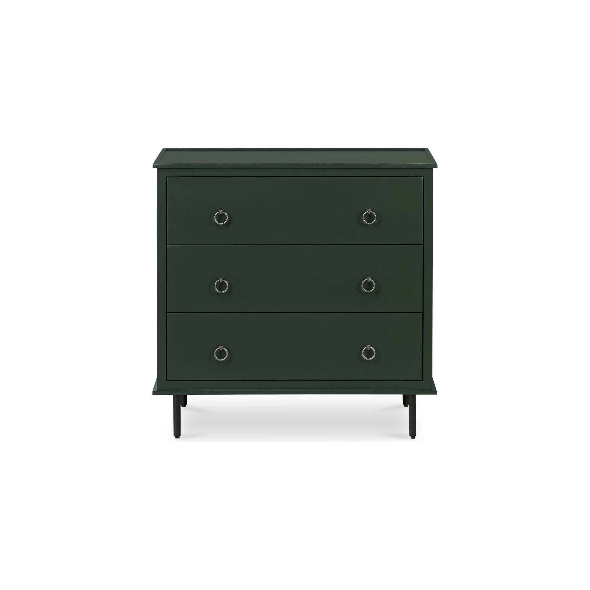 Table de chevet industrielle en MDF et acacia à 3 tiroirs avec pieds en fer noir et poignées style heurtoir pour chambre à coucher