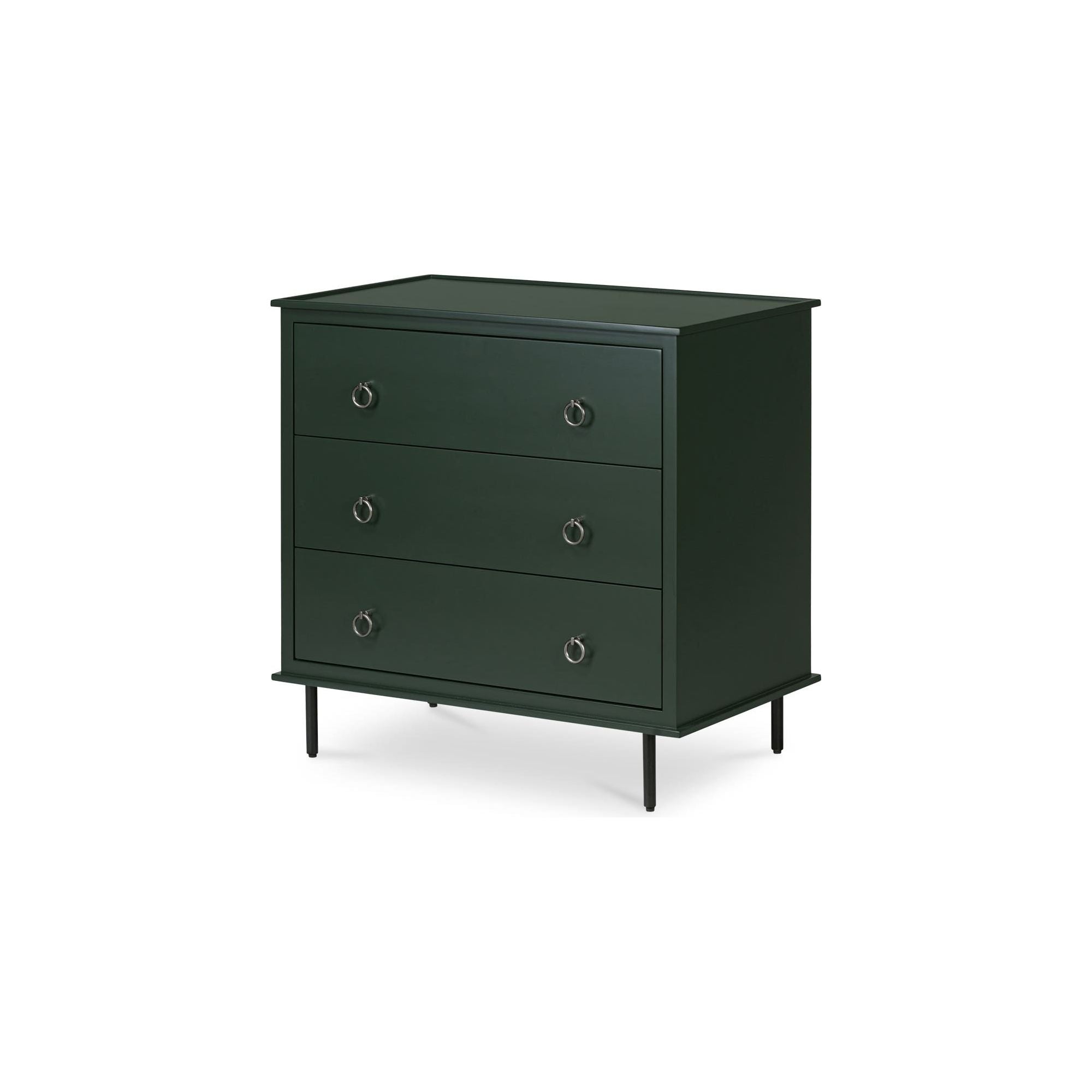 Table de chevet industrielle en MDF et acacia à 3 tiroirs avec pieds en fer noir et poignées style heurtoir pour chambre à coucher