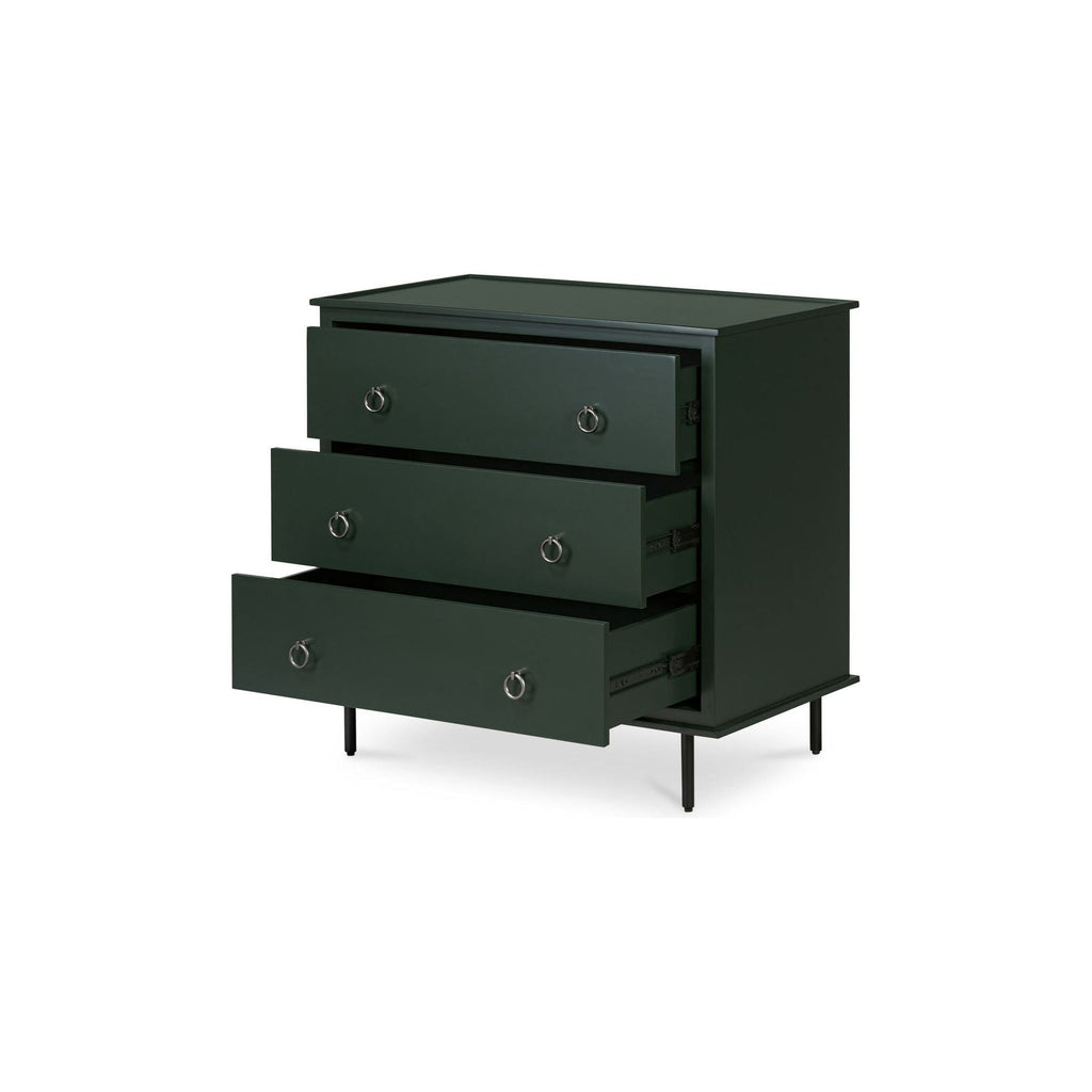 Table de chevet industrielle en MDF et acacia à 3 tiroirs avec pieds en fer noir et poignées style heurtoir pour chambre à coucher