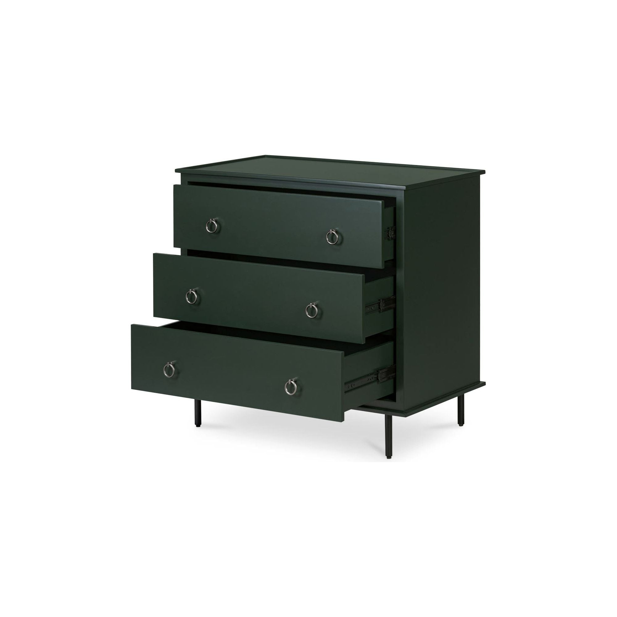 Table de chevet industrielle en MDF et acacia à 3 tiroirs avec pieds en fer noir et poignées style heurtoir pour chambre à coucher