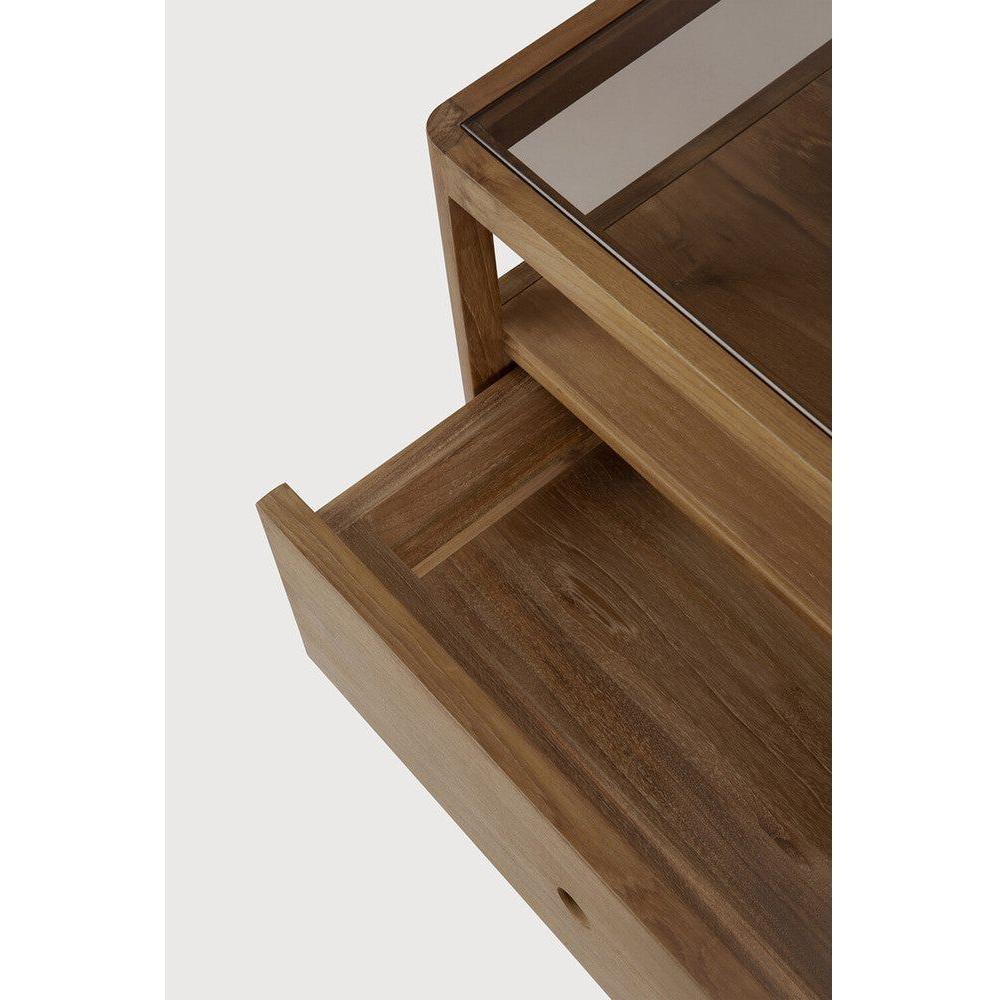 Table de chevet moderne en verre et bois avec tiroir simple et étagère ouverte pour chambre à coucher