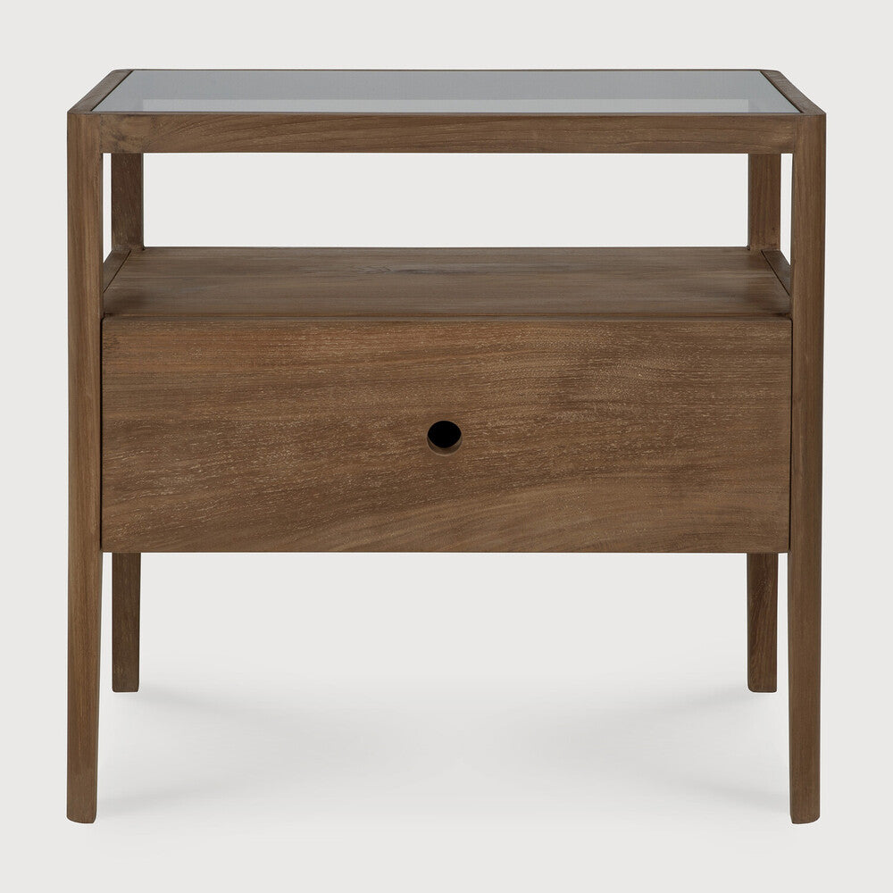 Table de chevet moderne en verre et bois avec tiroir simple et étagère ouverte pour chambre à coucher