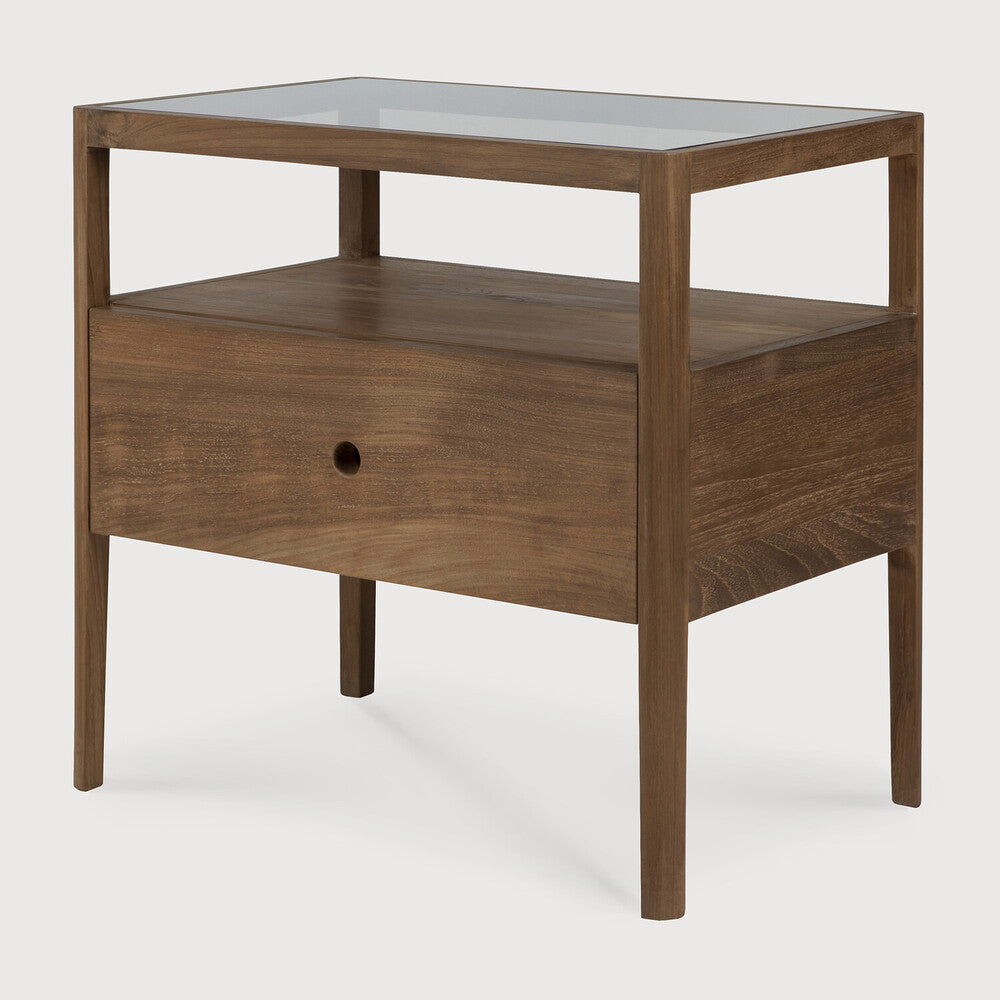 Table de chevet moderne en verre et bois avec tiroir simple et étagère ouverte pour chambre à coucher